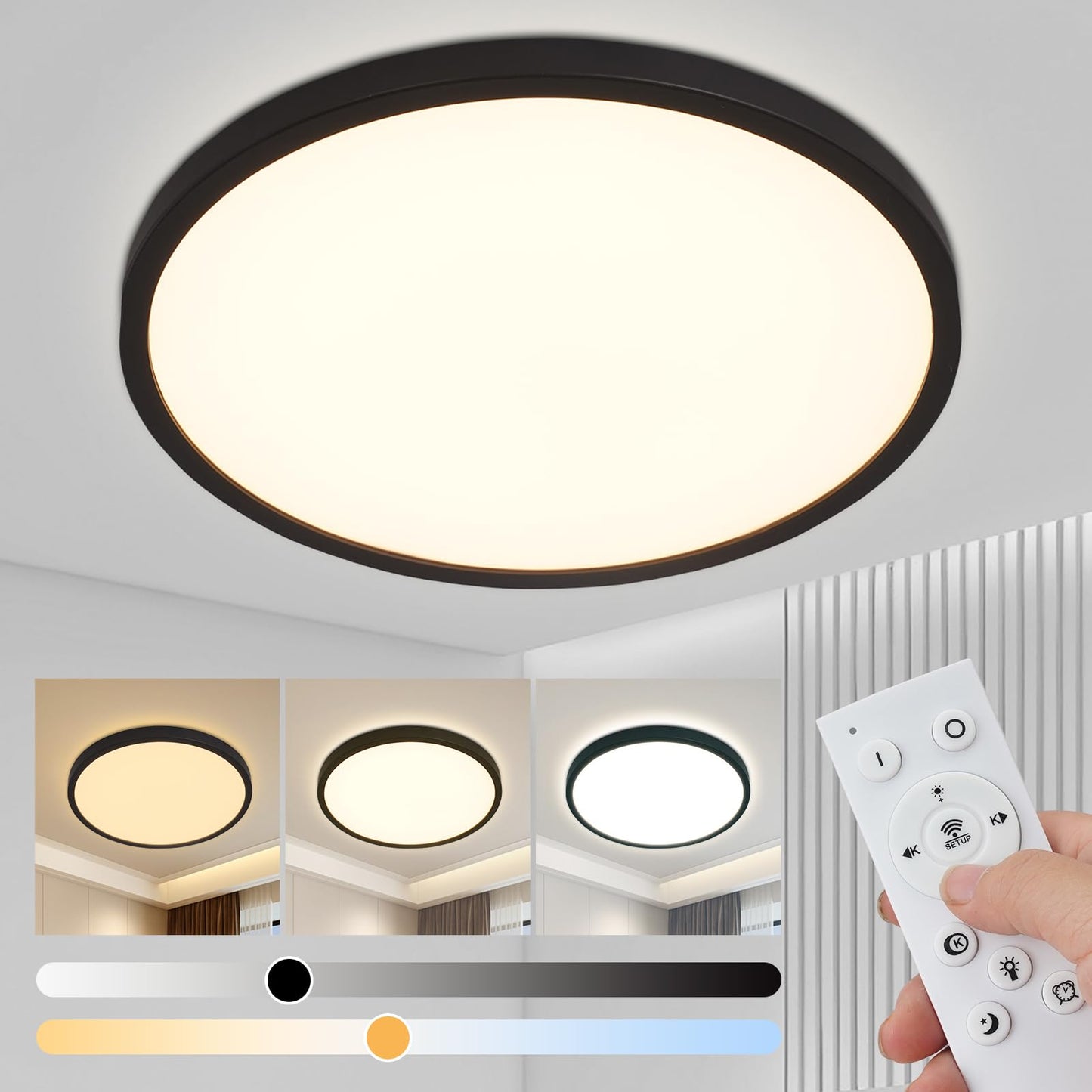 ZMH LED Deckenleuchte Flach Schwarz - 28W Dimmbar Deckenlampe Rund mit Fernbedienung 3000-6500K Ø30 CM Badezimmerlampe für Küche Esszimmer Flur Schlafzimmer Badezimmer