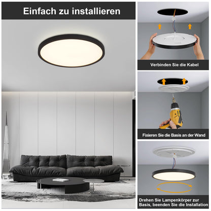 ZMH LED Deckenleuchte Flach Schwarz - 28W Dimmbar Deckenlampe Rund mit Fernbedienung 3000-6500K Ø30 CM Badezimmerlampe für Küche Esszimmer Flur Schlafzimmer Badezimmer