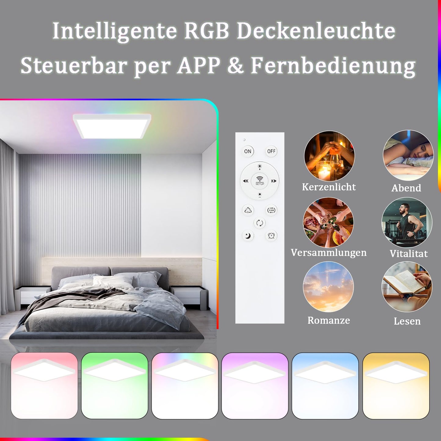 ZMH LED Deckenleuchte Flach Dimmbar Deckenlampe Wohnzimmer - RGB Farbwechsel Wohnzimmerlampe 36W Lampe Schlafzimmer Decke mit Fernbedienung Schlafzimmerlampe Küchenlampe IP44 Badezimmer Lampe