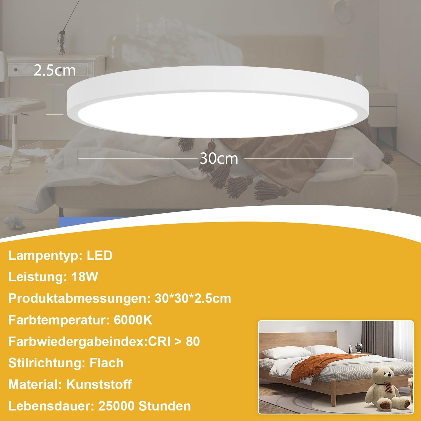 ZMH Deckenlampe LED Deckenleuchte Badezimmer - Ø30cm Badezimmerlampe Flach Schlafzimmerlampe Rund Küchenlampe 18W Schlafzimmer Deckenbeleuchtung Flurlampe Kaltweiß Badlampe IP44 für Küche Flur Bad