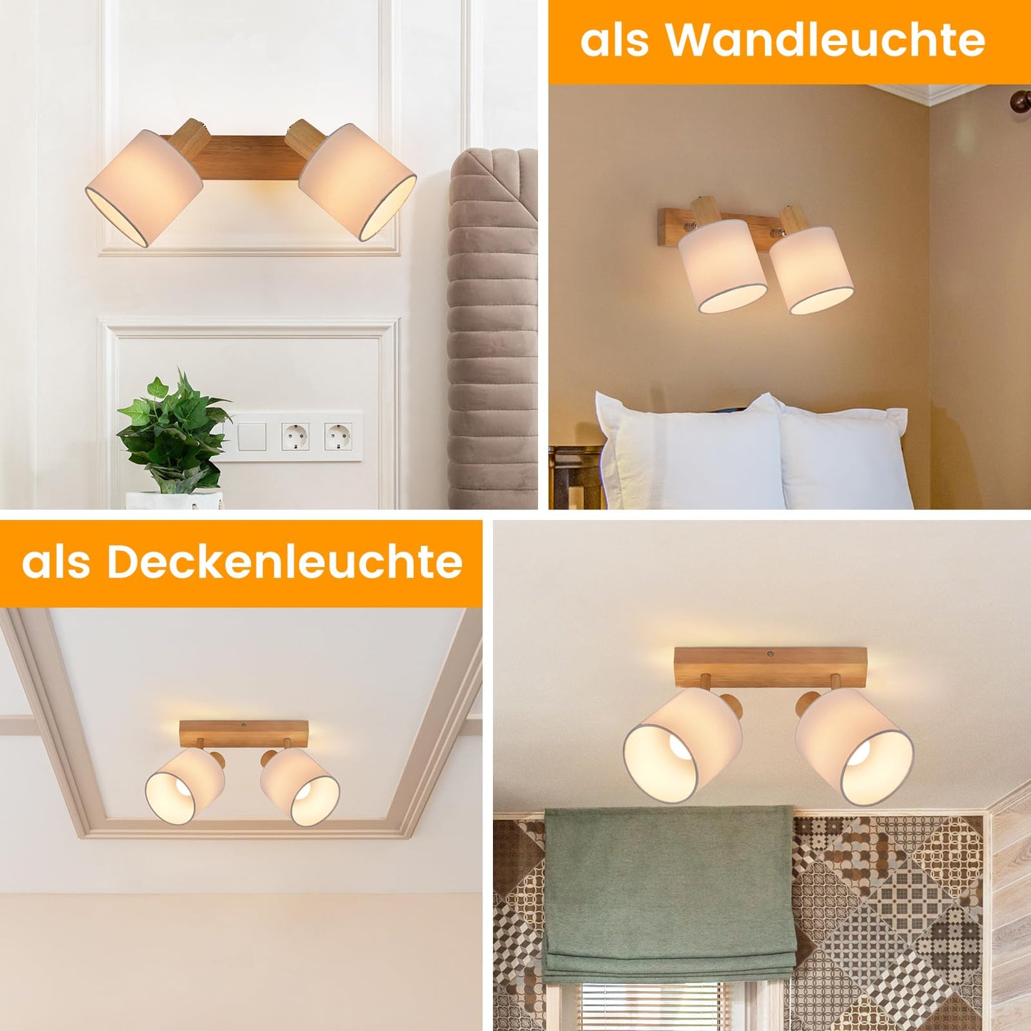 ZMH Deckenleuchte 2 Flammig Deckenlampe Flur - Deckenstrahler Vintage Holz Deckenspot Wandstrahler Schwenkbar 350° E14 MAX.25W lampe für Wohnzimmer Schlafzimmer Küche (ohne Leuchtmittel)