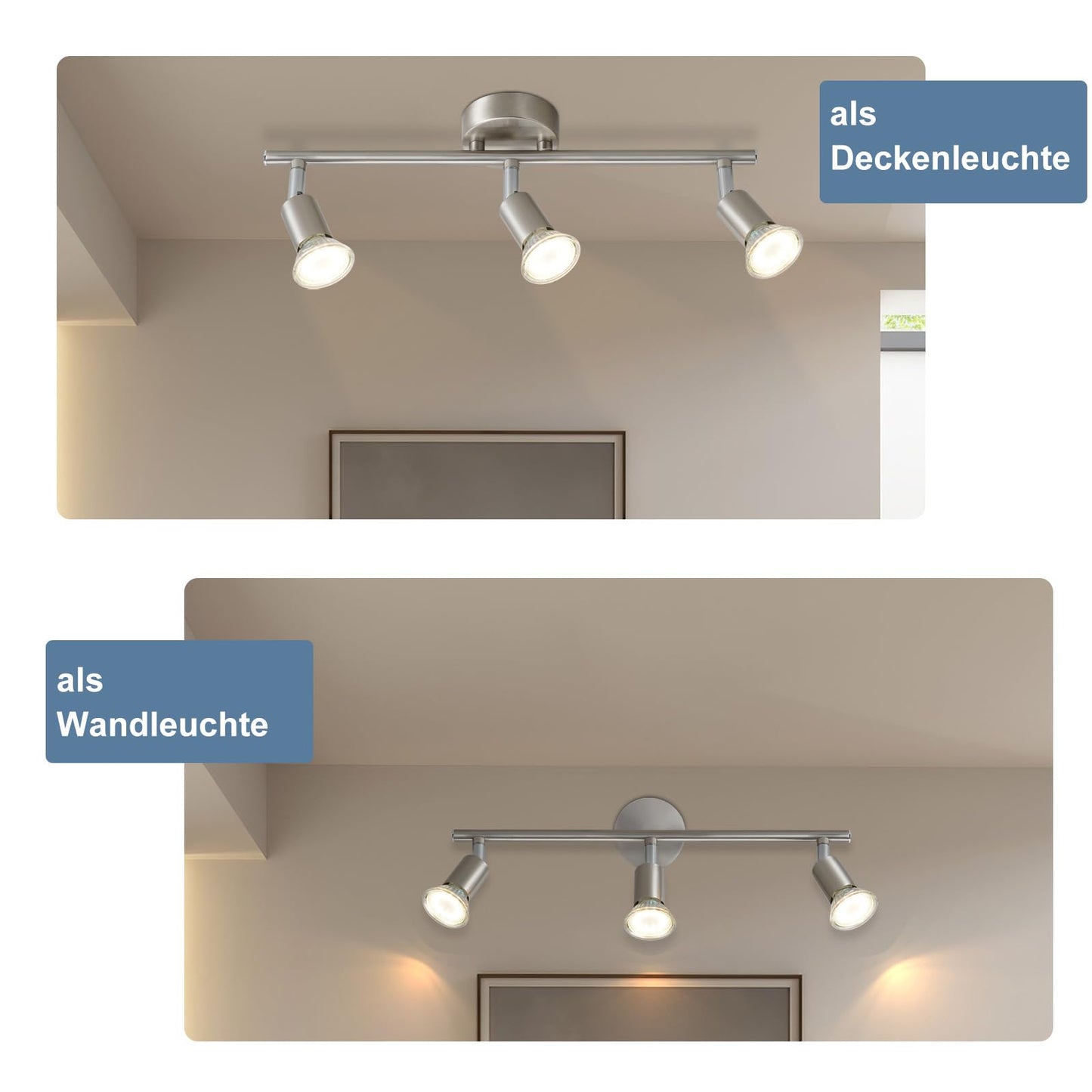 ZMH LED Deckenstrahler 3 Flammig Schwenkbar - Flur Deckenlampe Modern Deckenleuchte GU10 Deckenspot 350°Drehbar Strahler Lampe Edelstahl Decke Wohnzimmer Schlafzimmer Ohne Leuchtmittel