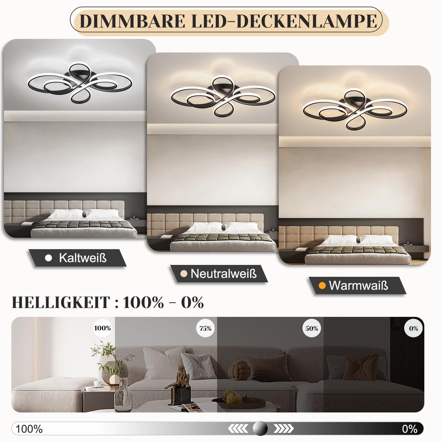 ZMH Deckenlampe LED Deckenleuchte Dimmbar - Wohnzimmerlampe Groß 100cm Wohnzimmer 90W Modern Schwarz Schlafzimmerlampe mit Fernbedienung Design Deckenbeleuchtung für Esszimmer Büro Küche