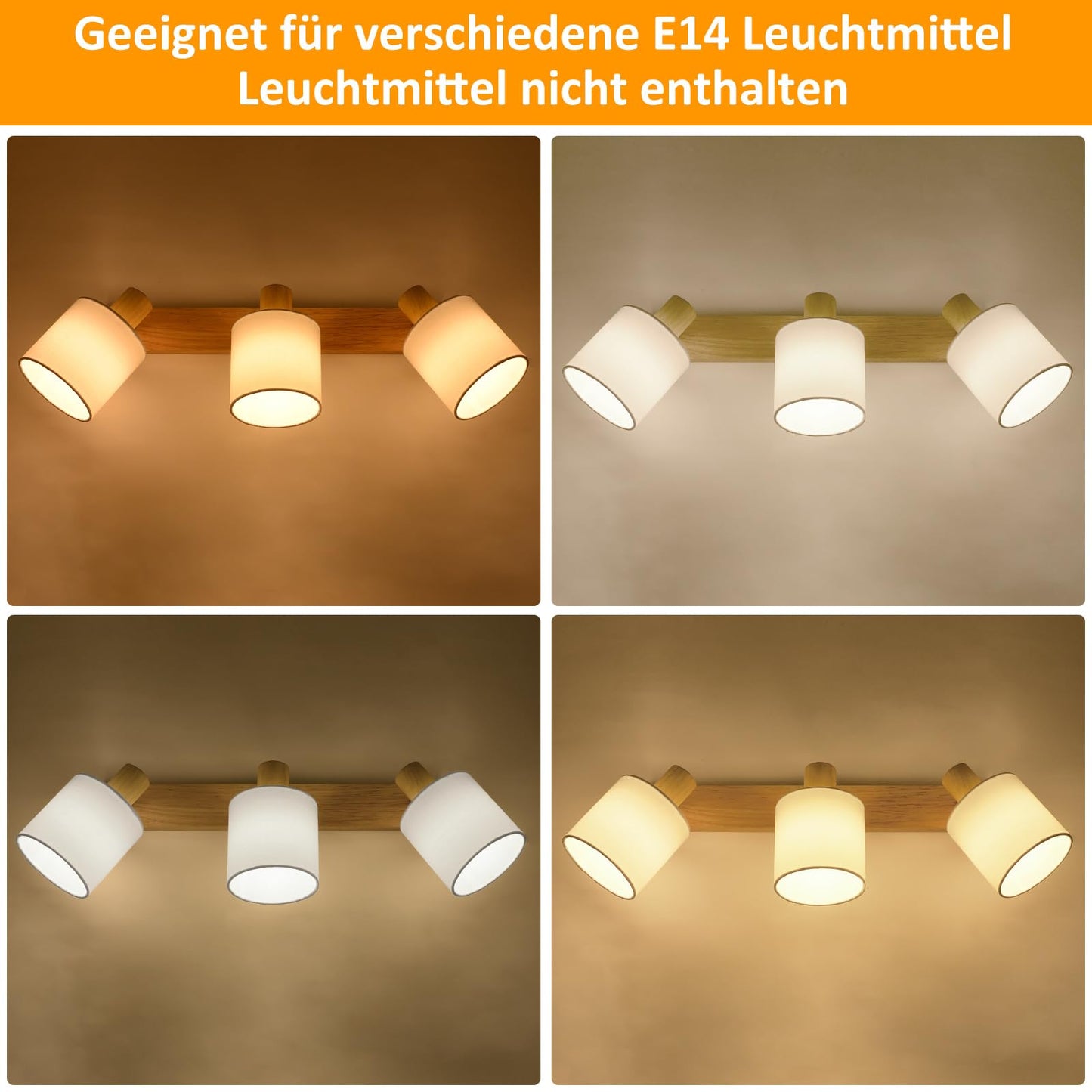 ZMH Deckenleuchte 3 Flammig Deckenlampe Flur - Deckenstrahler Modern Holz Deckenspot Wandstrahler Schwenkbar 350° E14 MAX.25W lampe für Wohnzimmer Schlafzimmer Küche (ohne Leuchtmittel)