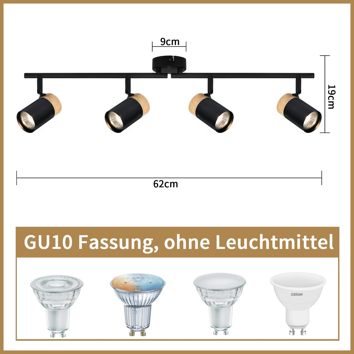 ZMH chte- Deckenlampe 4 Flammig GU10 LED Schwenkbar 330° Spotleuchte für Wohnzimmer Schlafzimmer Küche kinderzimmer Ohne Leuchtmittel