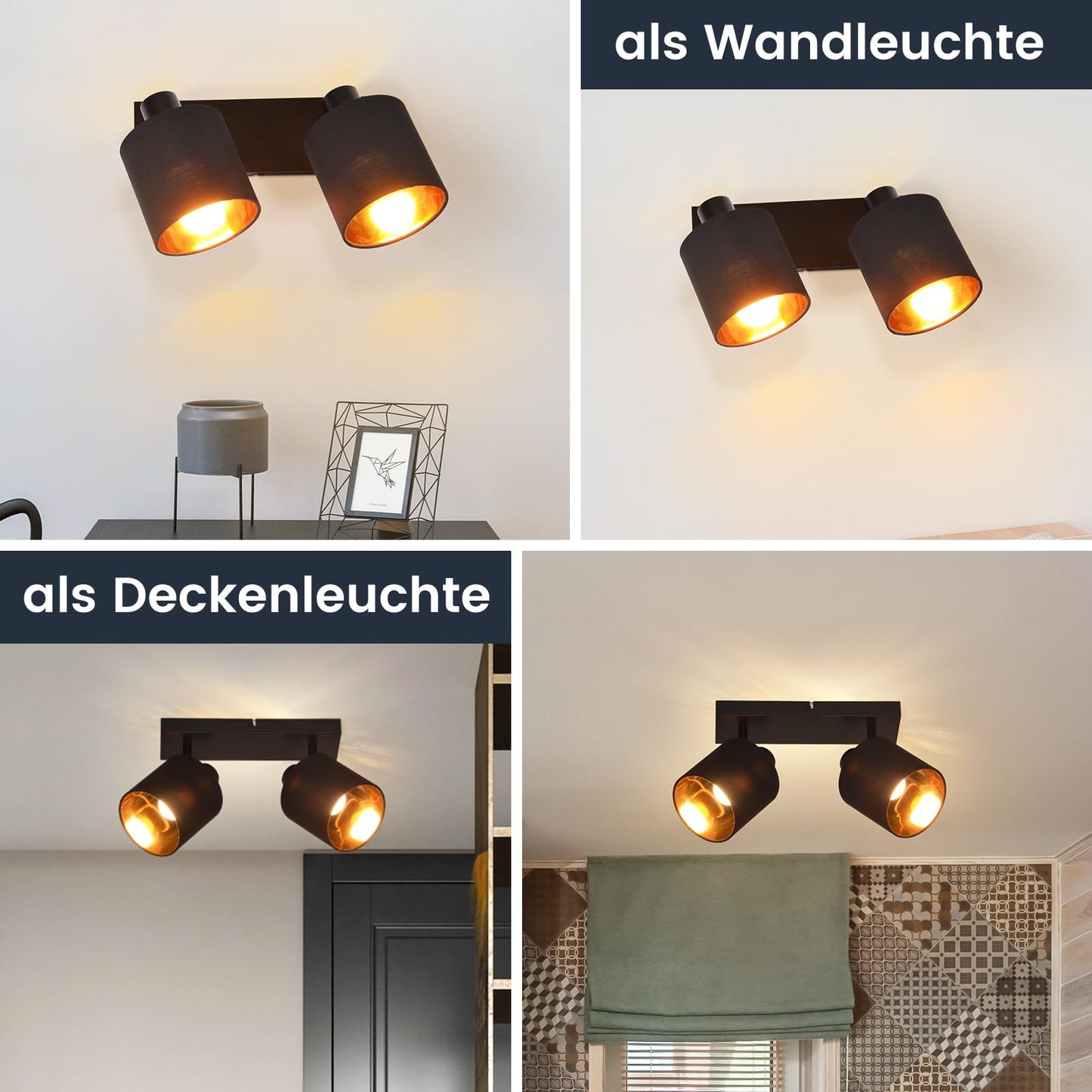 ZMH Deckenlampe 2 Flammig Deckenstrahler Schwarz - Deckenleuchte Vintage Deckenspot E14 Flurlampe Schwenkbar 350° MAX.25W Stoffschrim für Wohnzimmer Schlafzimmer Küche Ohne Leuchtmittel