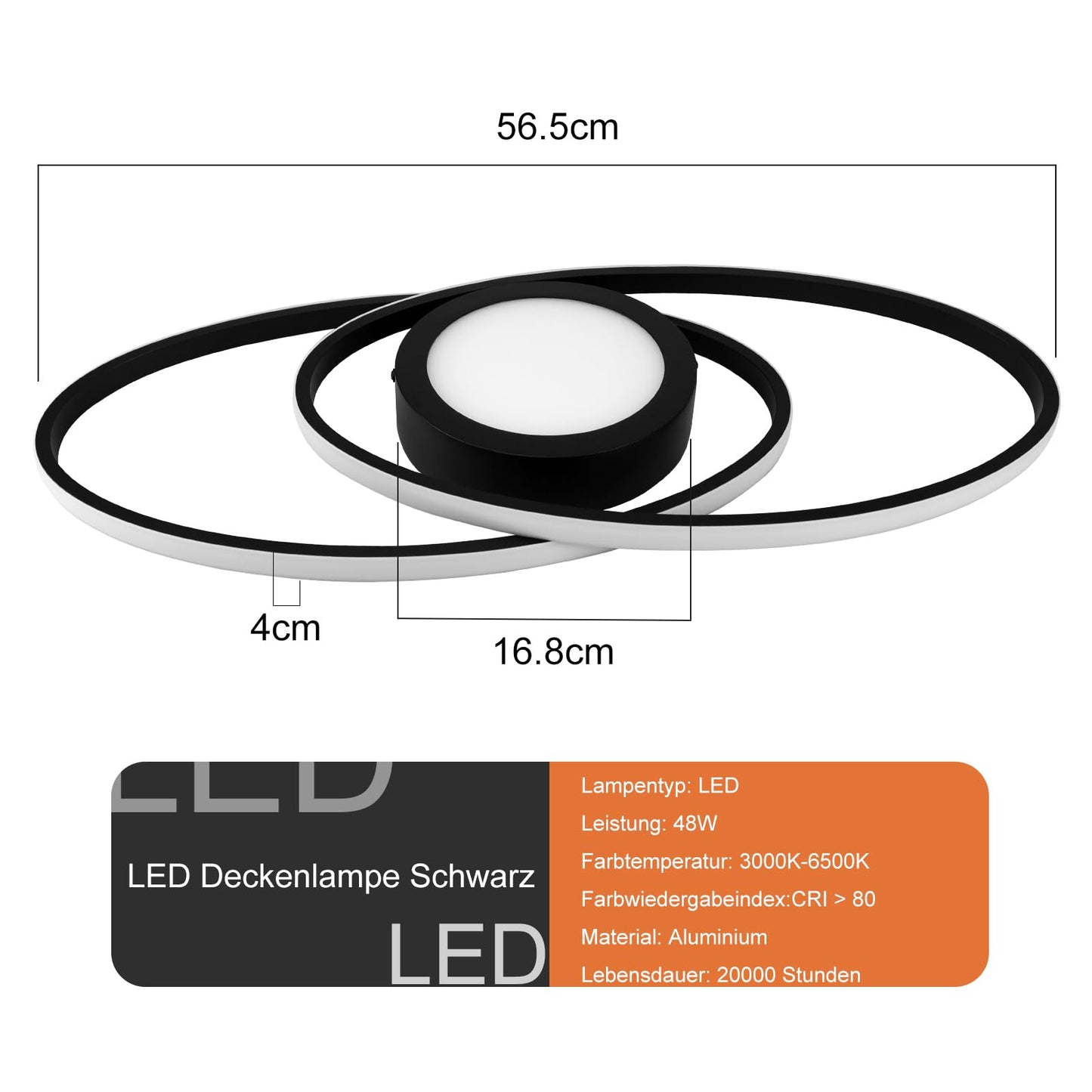 ZMH LED Deckenleuchte Kinderzimmer Dimmbar - Schlafzimmerlampe 48W Schwarz Deckenlampe Wohnzimmer mit Fernbedienung 3000K-6500K Modern für Schlafzimmer Küche Balkon