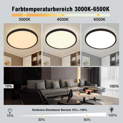 ZMH LED Deckenleuchte Flach Schwarz - 28W Dimmbar Deckenlampe Rund mit Fernbedienung 3000-6500K Ø30 CM Badezimmerlampe für Küche Esszimmer Flur Schlafzimmer Badezimmer