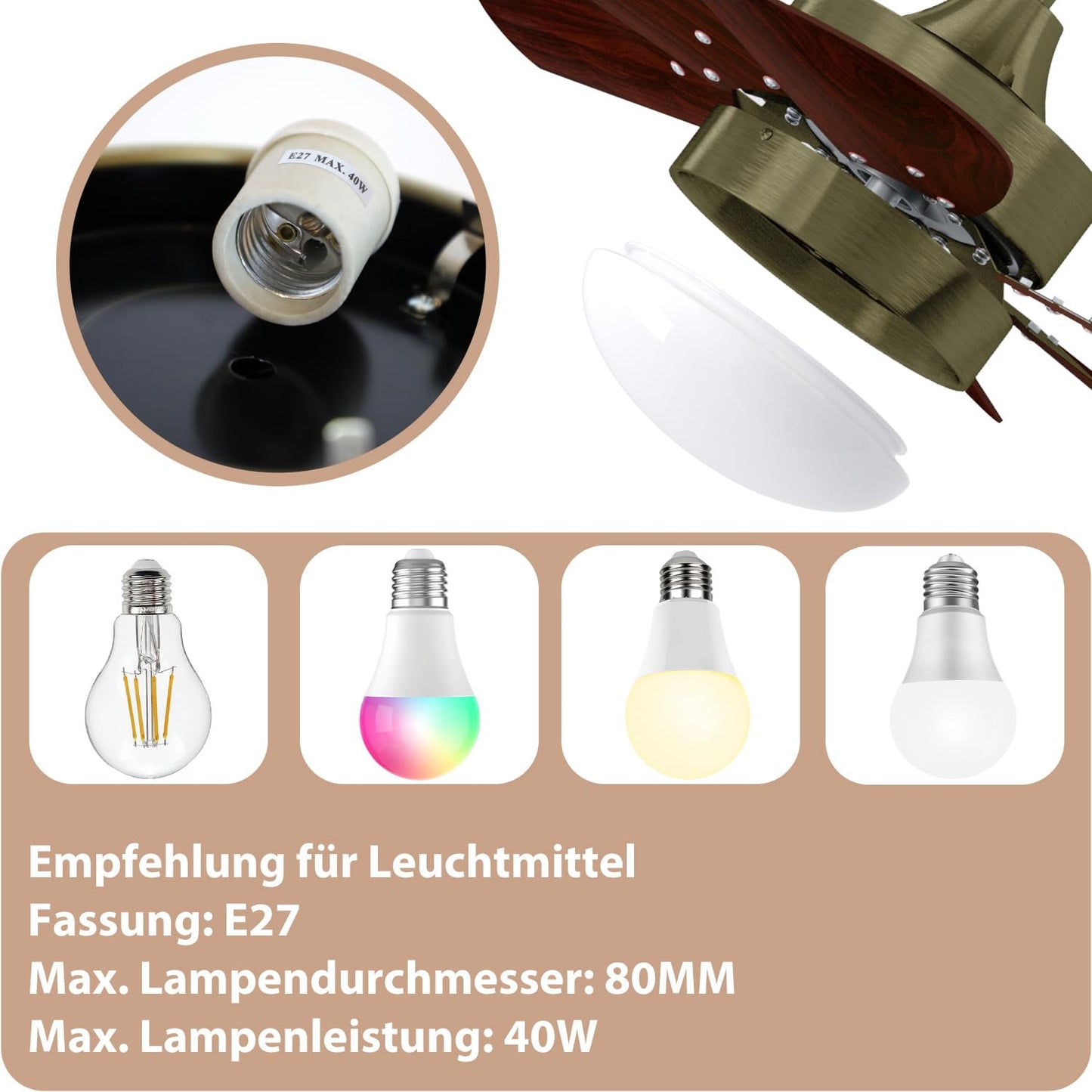 ZMH Deckenventilator Mit Beleuchtung und Fernbedienung Leise - Deckenlampe Ø75 cm 6 Flügeln Ventilator mit Einzelleuchte Deckenleuchte Fan Sommer-Winter für Schlafzimmer Wohnzimmer Balkon