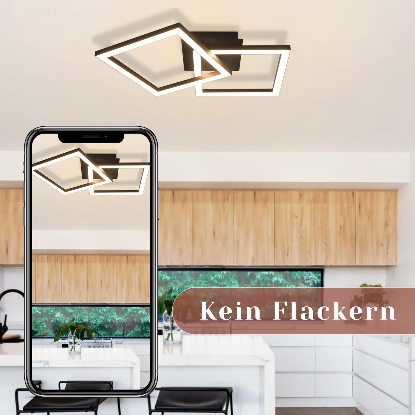 ZMH Deckenlampe LED Deckenleuchte Küche: 24W Küchenlampe Schwarz Wohnzimmerlampe Modern Design Flurlampe Warmweiß Flur Schlafzimmerlampe Eckig Deckenbeleuchtung für Wohnzimmer Schlafzimmer