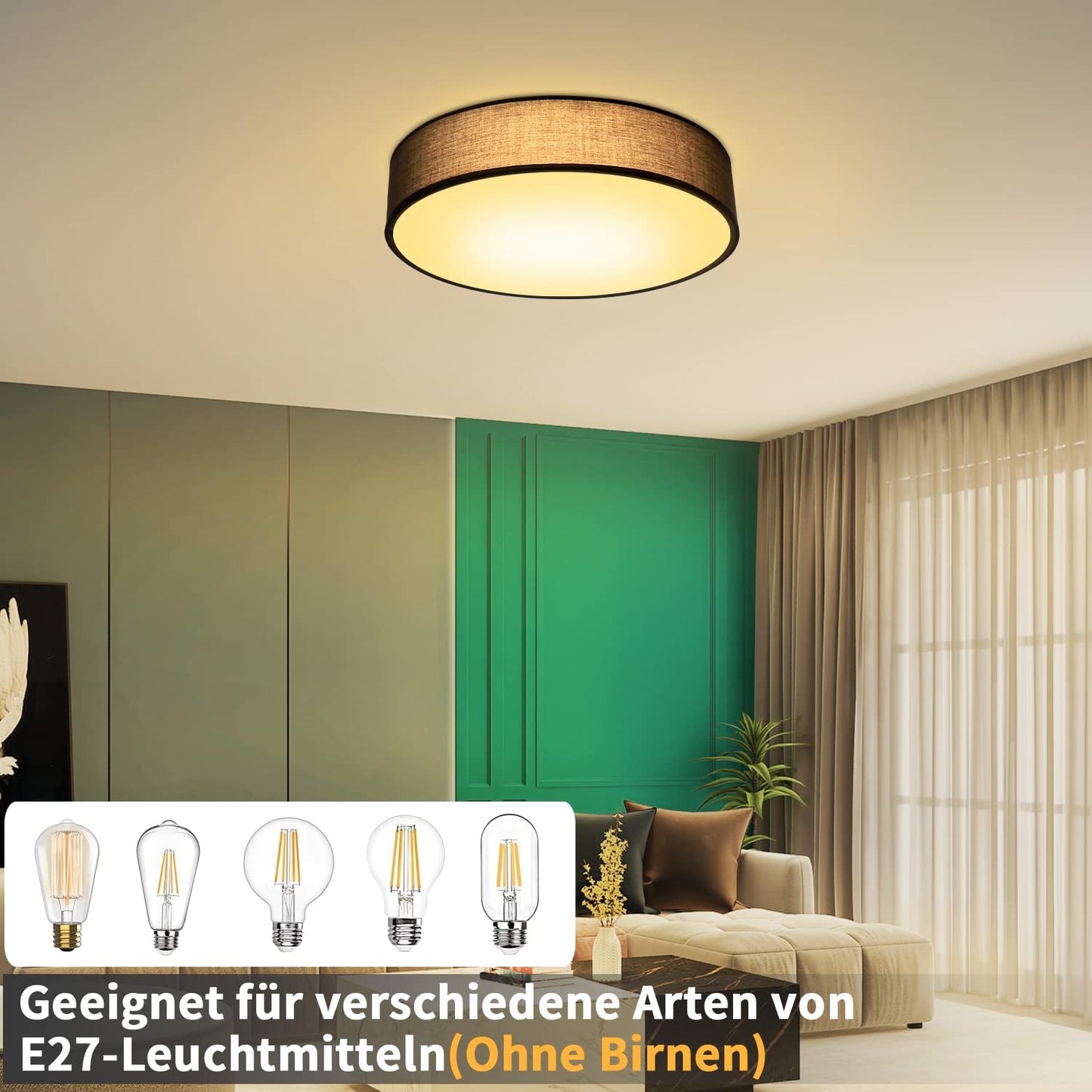 ZMH Deckenlampe Rund Deckenleuchte Schlafzimmer - Grau Stoff Wohnzimmerlampe 2 Flammig E27 Schlafzimmerlampe Modern Küchenlampe mit Stoffschirm Flurlampe für Wohnzimmer Küche Flur Ø38CM