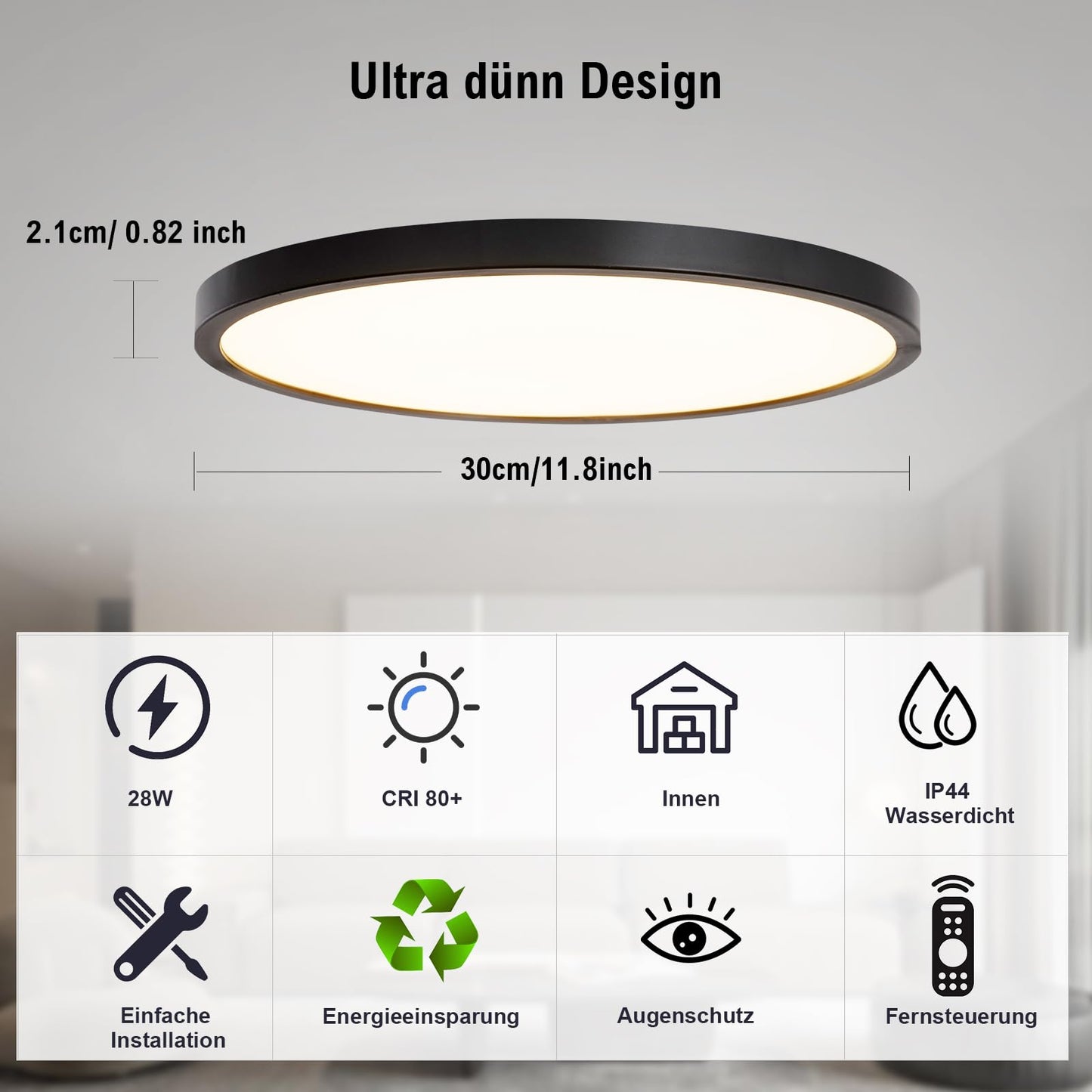 ZMH LED Deckenleuchte Flach Schwarz - 28W Dimmbar Deckenlampe Rund mit Fernbedienung 3000-6500K Ø30 CM Badezimmerlampe für Küche Esszimmer Flur Schlafzimmer Badezimmer