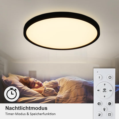 ZMH LED Deckenleuchte Flach Schwarz - 28W Dimmbar Deckenlampe Rund mit Fernbedienung 3000-6500K Ø30 CM Badezimmerlampe für Küche Esszimmer Flur Schlafzimmer Badezimmer