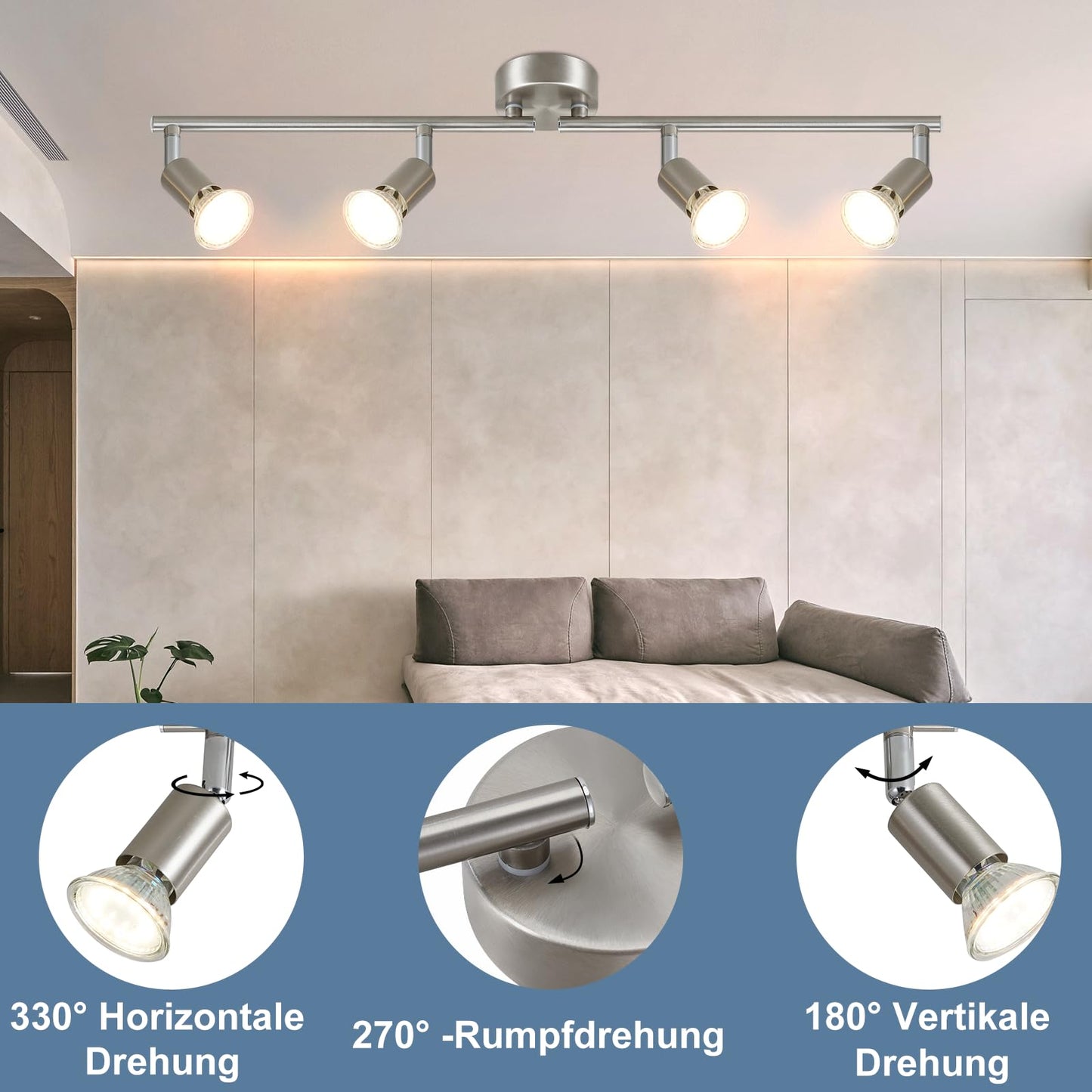 ZMH LED Deckenstrahler 4 Flammig Wohnzimmer - Deckenleuchte Modern Deckenlampe GU10 Deckenspot Schwenkbar 330°Drehbar Spot Strahler Lampe Edelstahl Decke Schlafzimmer innen Ohne Leuchtmittel