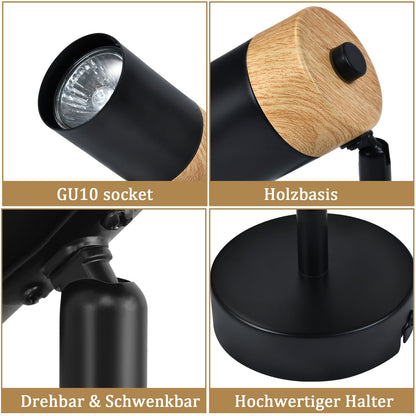 ZMH Deckenstrahler Holz Deckenleuchte 1 Flammig - Deckenspots GU10 Schwenkbar 330° LED Flurlampe Schwarz Vintage Deckenlampe Innen für Gang Flur Wohnzimmer Schlafzimmer Küche Ohne Leuchtmittel