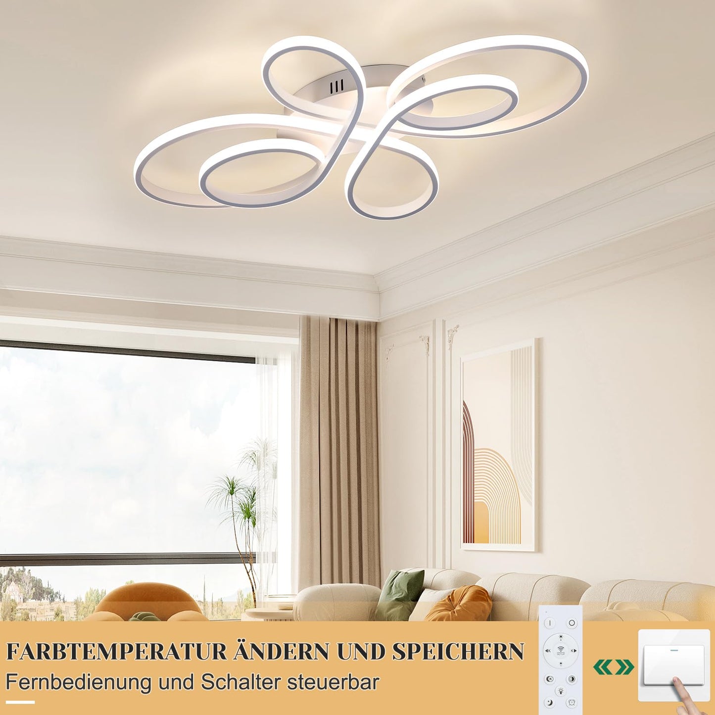 ZMH Deckenlampe LED Deckenleuchte Dimmbar - Wohnzimmerlampe Groß 100cm Wohnzimmer 90W Modern Weiß Schlafzimmerlampe Schlafzimmer mit Fernbedienung Design Deckenbeleuchtung für Esszimmer Büro Küche