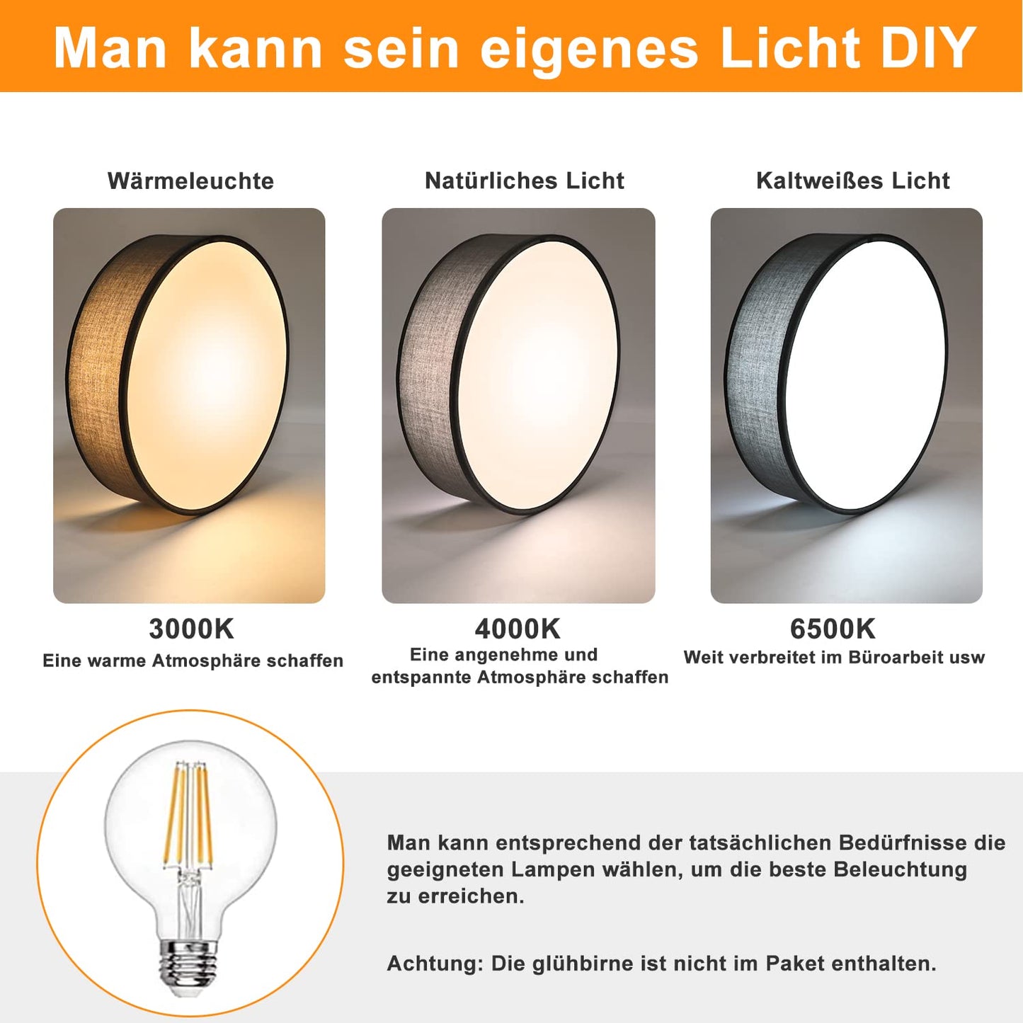 ZMH Deckenlampe Rund Deckenleuchte Schlafzimmer - Grau Stoff Wohnzimmerlampe 2 Flammig E27 Schlafzimmerlampe Modern Küchenlampe mit Stoffschirm Flurlampe für Wohnzimmer Küche Flur Ø38CM