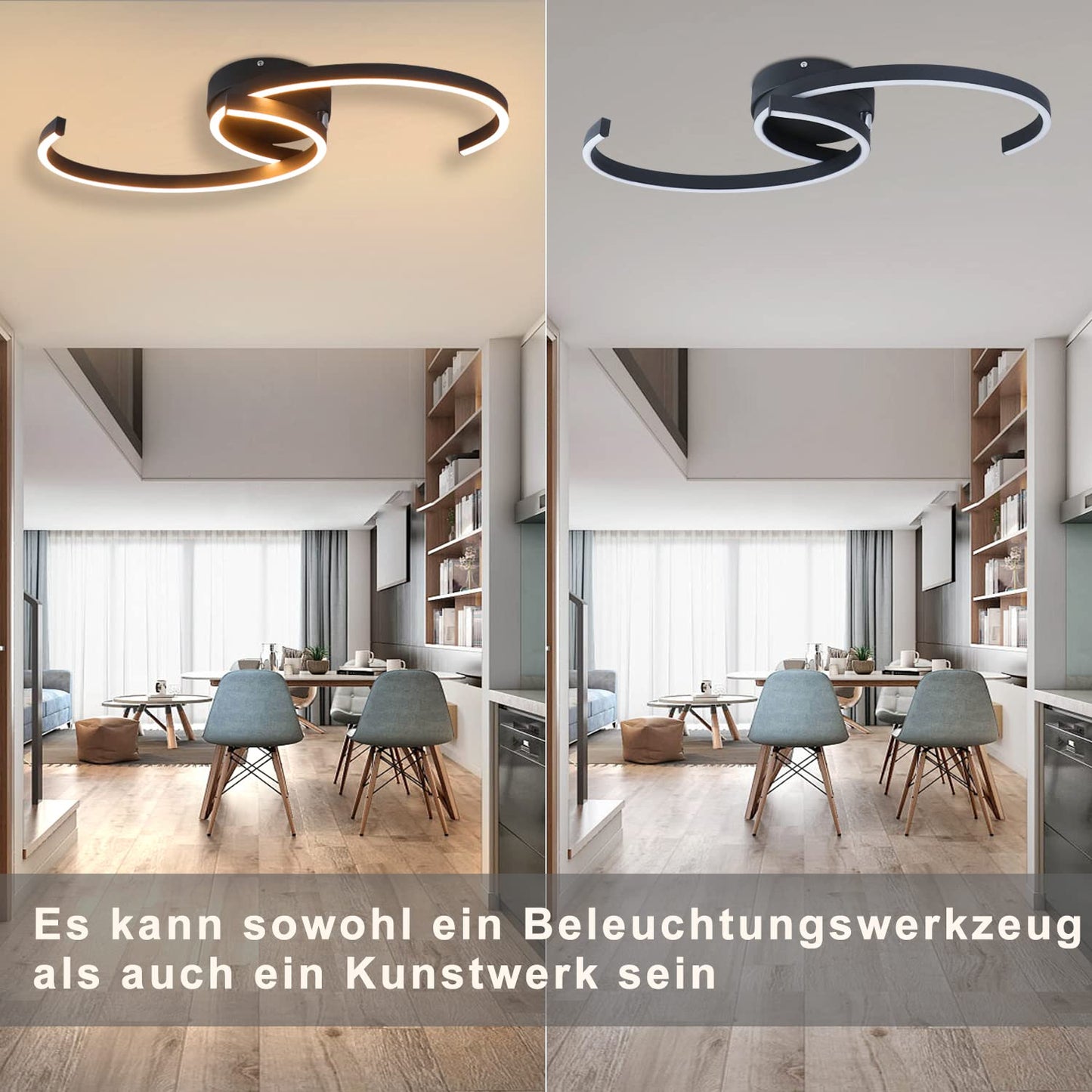 ZMH Deckenlampe LED Deckenleuchte Wohnzimmer - Wohnzimmerlampe Modern 60CM Schlafzimmerlampe Schwarz 24W Schlafzimmer Deckenbeleuchtung Flurlampe Warmweiß für Schlafzimmer Küche Flur Esszimmer