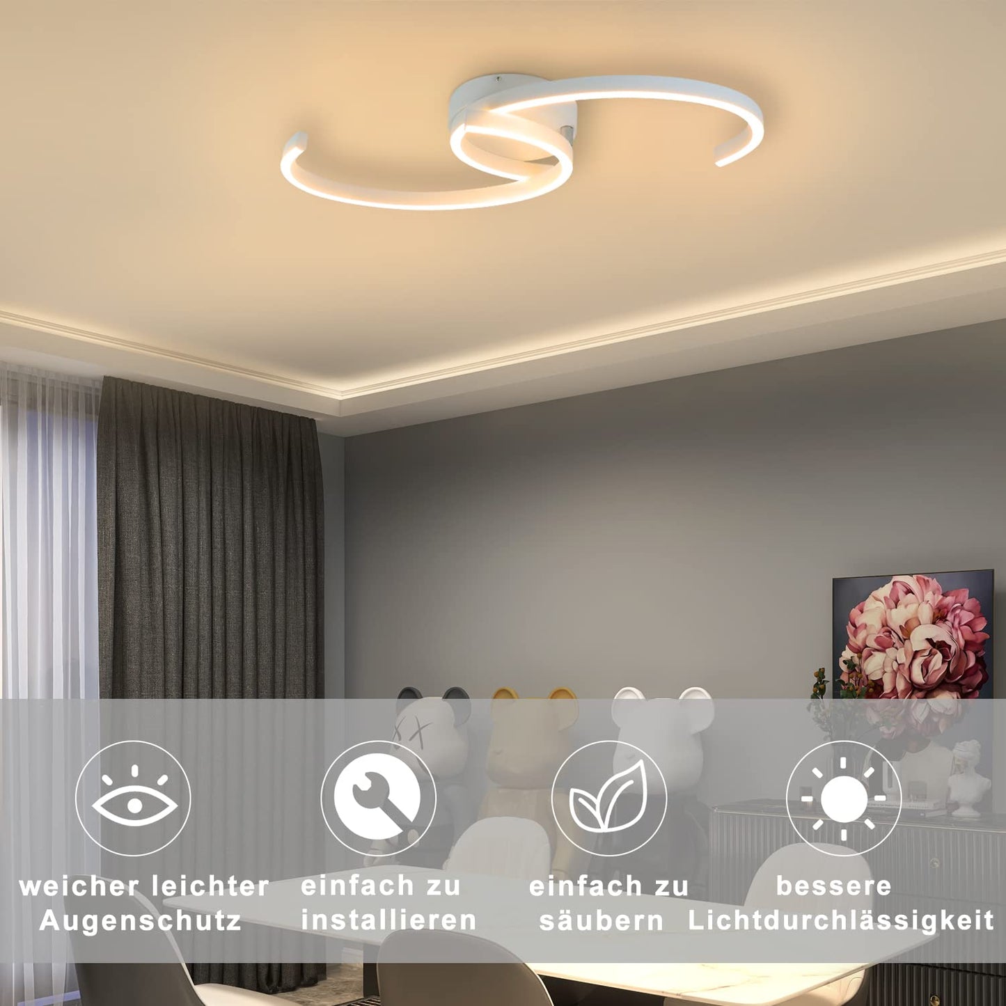 ZMH Deckenlampe Schlafzimmer LED Deckenleuchte - Schlafzimmerlampe Modern 24W Wohnzimmer Deckenbeleuchtung 60CM Wohnzimmerlampe Weiß Küchelampe Warmweiß für Schlafzimmer Küche Flur Esszimmer