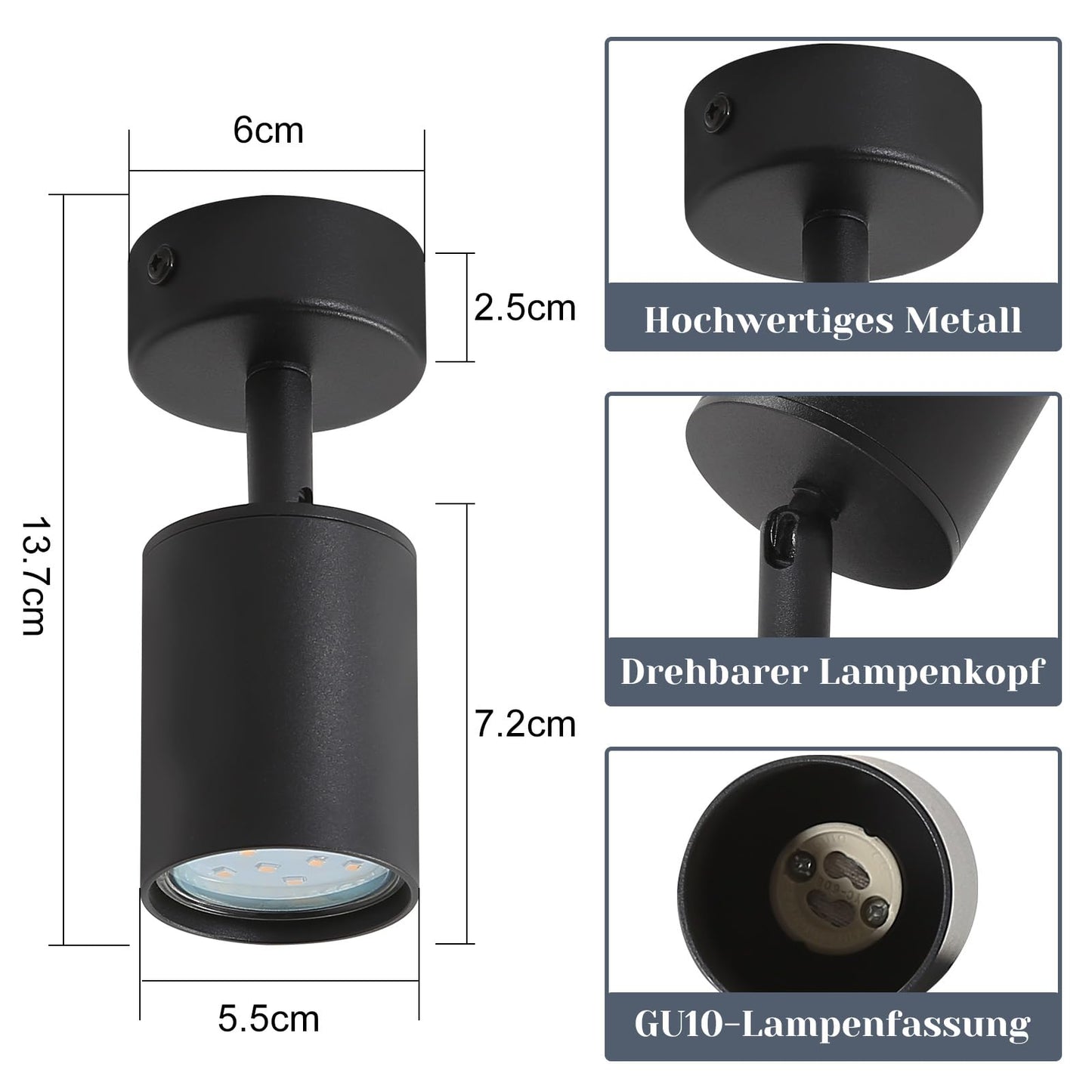 ZMH LED Deckenleuchte Schwarz Deckenstrahler: GU10 Deckenlampe Spots 1 Flammig 330°Schwenkbar Deckenspots Modern Flurlampe Industrial Wandstrahler für Wohnzimmer Schlafzimmer Küche Ohne Leuchtmittel