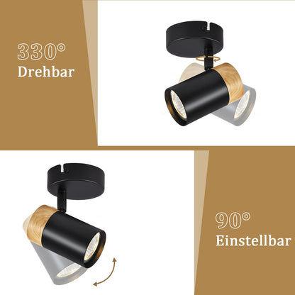 ZMH Deckenstrahler Holz Deckenleuchte 1 Flammig - Deckenspots GU10 Schwenkbar 330° LED Flurlampe Schwarz Vintage Deckenlampe Innen für Gang Flur Wohnzimmer Schlafzimmer Küche Ohne Leuchtmittel