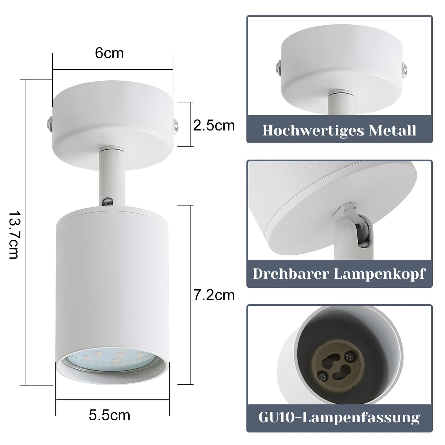 ZMH LED Deckenleuchte Weiß Deckenstrahler: GU10 Deckenlampe Spots 1 Flammig 330°Schwenkbar Deckenspots Modern Flurlampe Industrial Wandstrahler für Wohnzimmer Schlafzimmer Küche Ohne Leuchtmittel