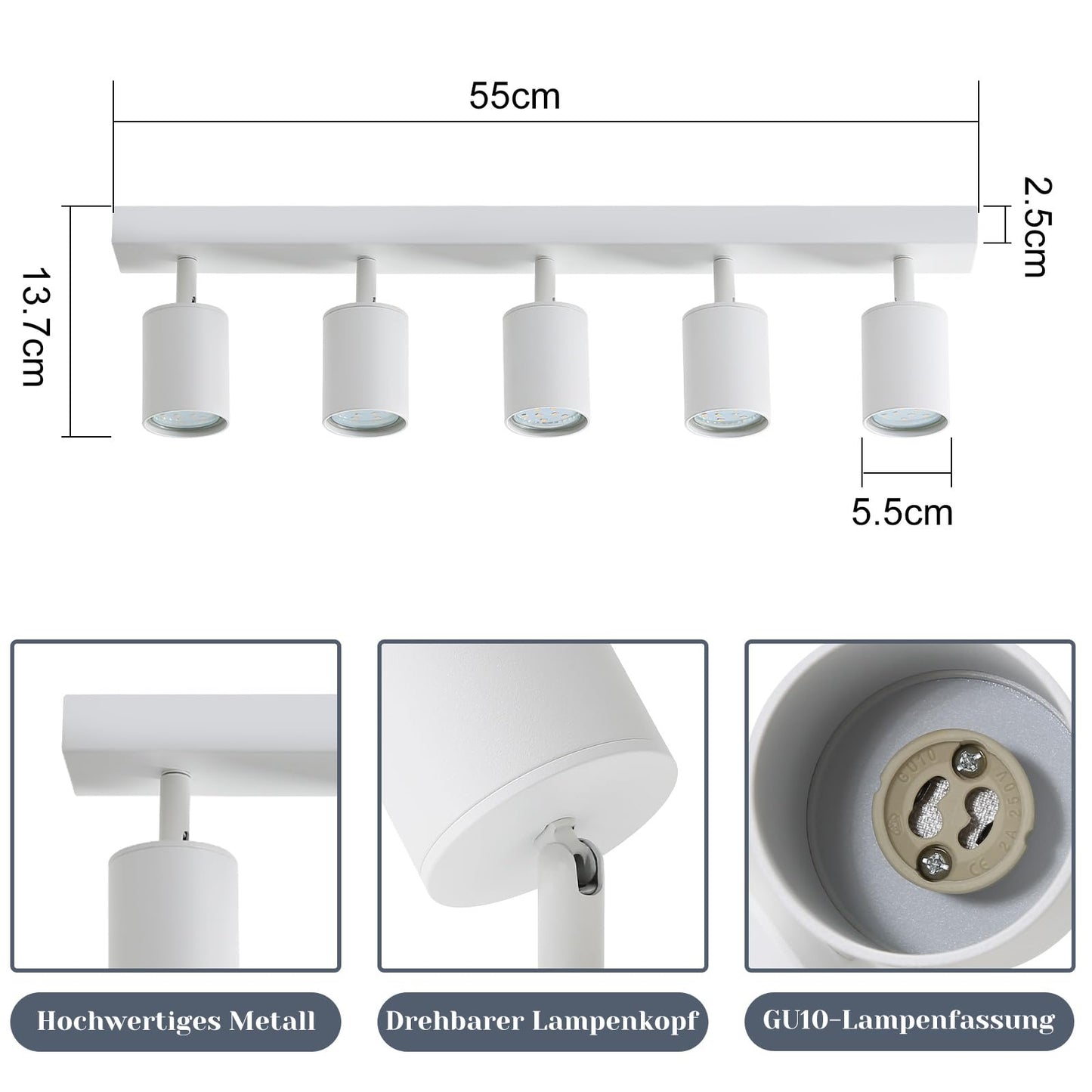 ZMH LED Deckenleuchte Weiß Deckenstrahler: GU10 Deckenlampe Spots 5 Flammig 330°Schwenkbar Deckenspots Modern Flurlampe Industrial Wandstrahler für Wohnzimmer Schlafzimmer Küche Ohne Leuchtmittel