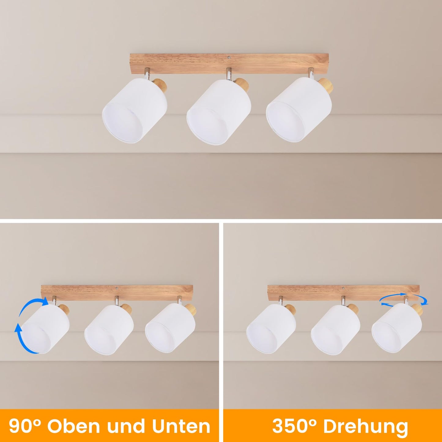 ZMH Deckenleuchte 3 Flammig Deckenlampe Flur - Deckenstrahler Modern Holz Deckenspot Wandstrahler Schwenkbar 350° E14 MAX.25W lampe für Wohnzimmer Schlafzimmer Küche (ohne Leuchtmittel)