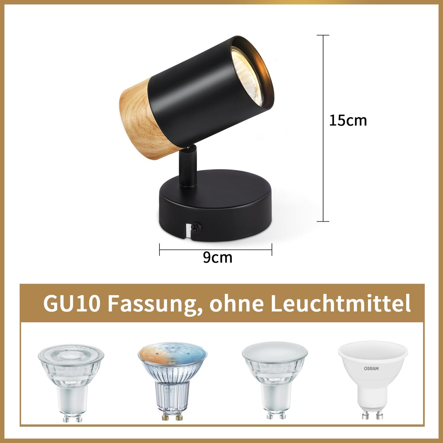 ZMH Deckenstrahler Holz Deckenleuchte 1 Flammig - Deckenspots GU10 Schwenkbar 330° LED Flurlampe Schwarz Vintage Deckenlampe Innen für Gang Flur Wohnzimmer Schlafzimmer Küche Ohne Leuchtmittel