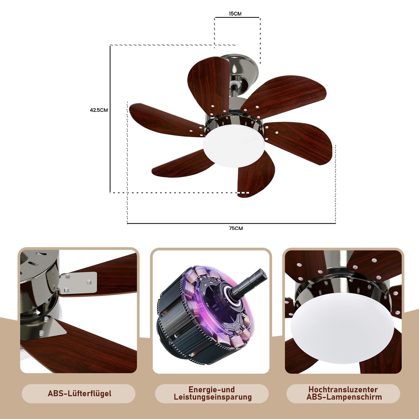 ZMH Deckenventilator Mit Beleuchtung und Fernbedienung Leise - Deckenlampe Wohnzimmer 6 Flügeln Ø75 cm Ventilator Timing Deckenleuchte Fan Sommer-/Winter für Schlafzimmer Esszimmer/Chrom