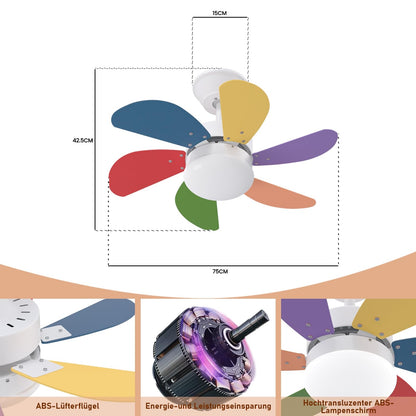 ZMH Deckenventilator Mit Beleuchtung und Fernbedienung Leise - Deckenlampe Wohnzimmer 6 Flügeln Ø75 cm Ventilator Timing Deckenleuchte mit Einzelleuchte Fan Sommer-/Winter Schlafzimmer/Bunt