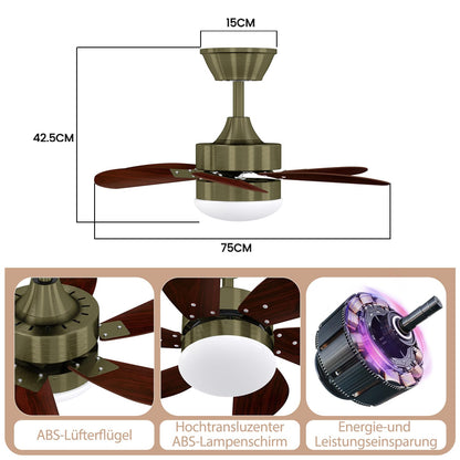 ZMH Deckenventilator Mit Beleuchtung und Fernbedienung Leise - Deckenlampe Ø75 cm 6 Flügeln Ventilator mit Einzelleuchte Deckenleuchte Fan Sommer-Winter für Schlafzimmer Wohnzimmer Balkon