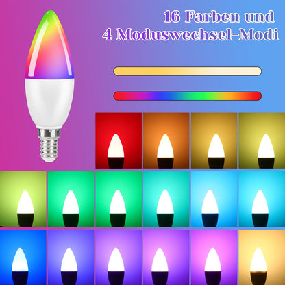 ZMH E14 LED Warmweiss Glühbirne RGB - 4 Stück RGB Farbwechsel Kerzen Lampe 4W Leuchtmittel Dimmbar mit Fernbedienung 3000K Farbige Edison Birne Glühlampe Deko für Cafe Bar KTV