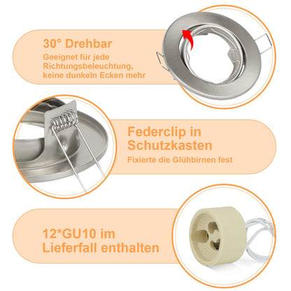 ZMH 12ER Einbaustrahler GU10 Set Einbaurahmen - GU10 Fassungen 230V Lochdurchmesser 50mm mit Sockel in Edelstahl Einbauleuchte Rahmen Einbauspots Schwenkbar 30° Spot für LED Leuchtmittel Halogen