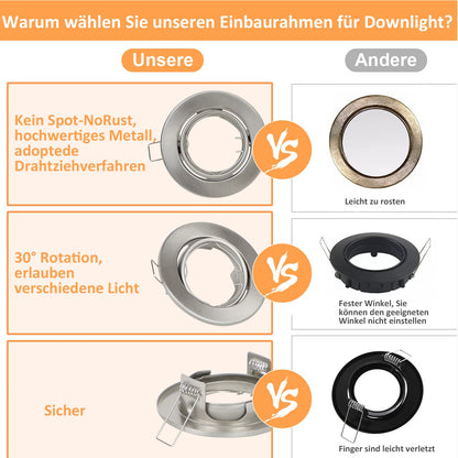 ZMH 12ER Einbaustrahler GU10 Set Einbaurahmen - GU10 Fassungen 230V Lochdurchmesser 50mm mit Sockel in Edelstahl Einbauleuchte Rahmen Einbauspots Schwenkbar 30° Spot für LED Leuchtmittel Halogen