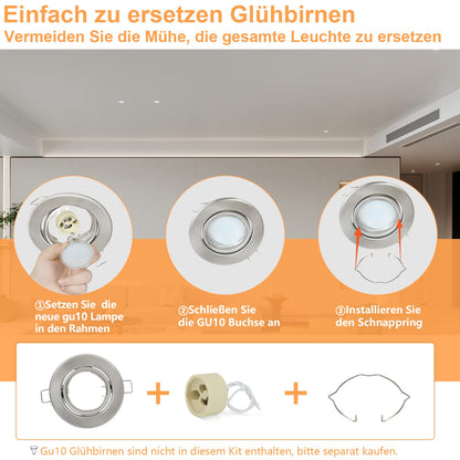 ZMH 12ER Einbaustrahler GU10 Set Einbaurahmen - GU10 Fassungen 230V Lochdurchmesser 50mm mit Sockel in Edelstahl Einbauleuchte Rahmen Einbauspots Schwenkbar 30° Spot für LED Leuchtmittel Halogen