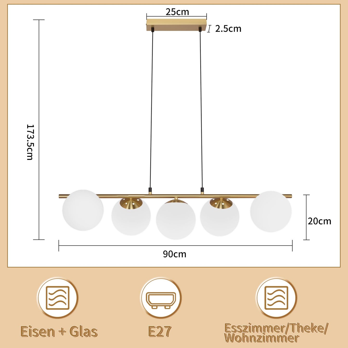 ZMH Pendelleuchte Esstisch Hängeleuchte Modern - E27 Glas Hängelampe Gold Esszimmerlampe 150CM Höhenverstellbar Vintage Esstischlampe für Esszimmer Wohnzimmer Bartheke I ohne Leuchtmittel