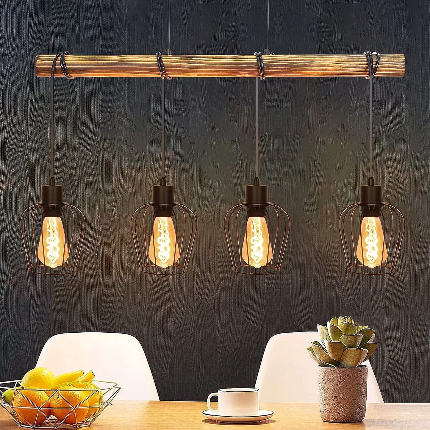 ZMH Retro Pendelleuchte Vintage Hängelampe 4 flammige Holz Esszimmerlampe Pendellampe Wohnzimmer im Industrial Design mit höhenverstellbaren Strahlern - Schwar - Fassung: E27 - ohne Leuchtmittel