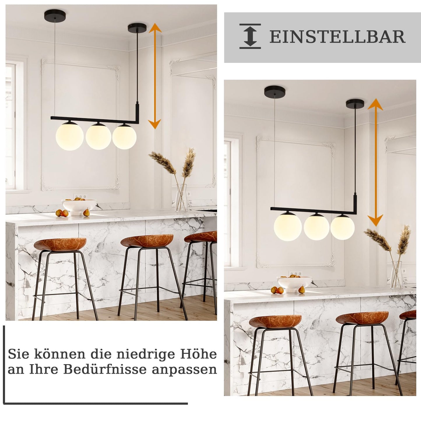 ZMH Pendelleuchte E27 Esszimmerlampe Glaskugel - Pendellampe 3 Flammig Esstisch Schwarz Esstischlampe Vintage Hängelampe Metall Hängeleuchte Höhenverstellbar Wohnzimmer Esszimmer Küche Flur