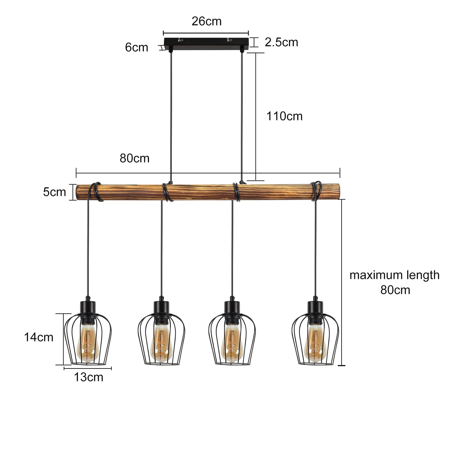 ZMH Retro Pendelleuchte Vintage Hängelampe 4 flammige Holz Esszimmerlampe Pendellampe Wohnzimmer im Industrial Design mit höhenverstellbaren Strahlern - Schwar - Fassung: E27 - ohne Leuchtmittel