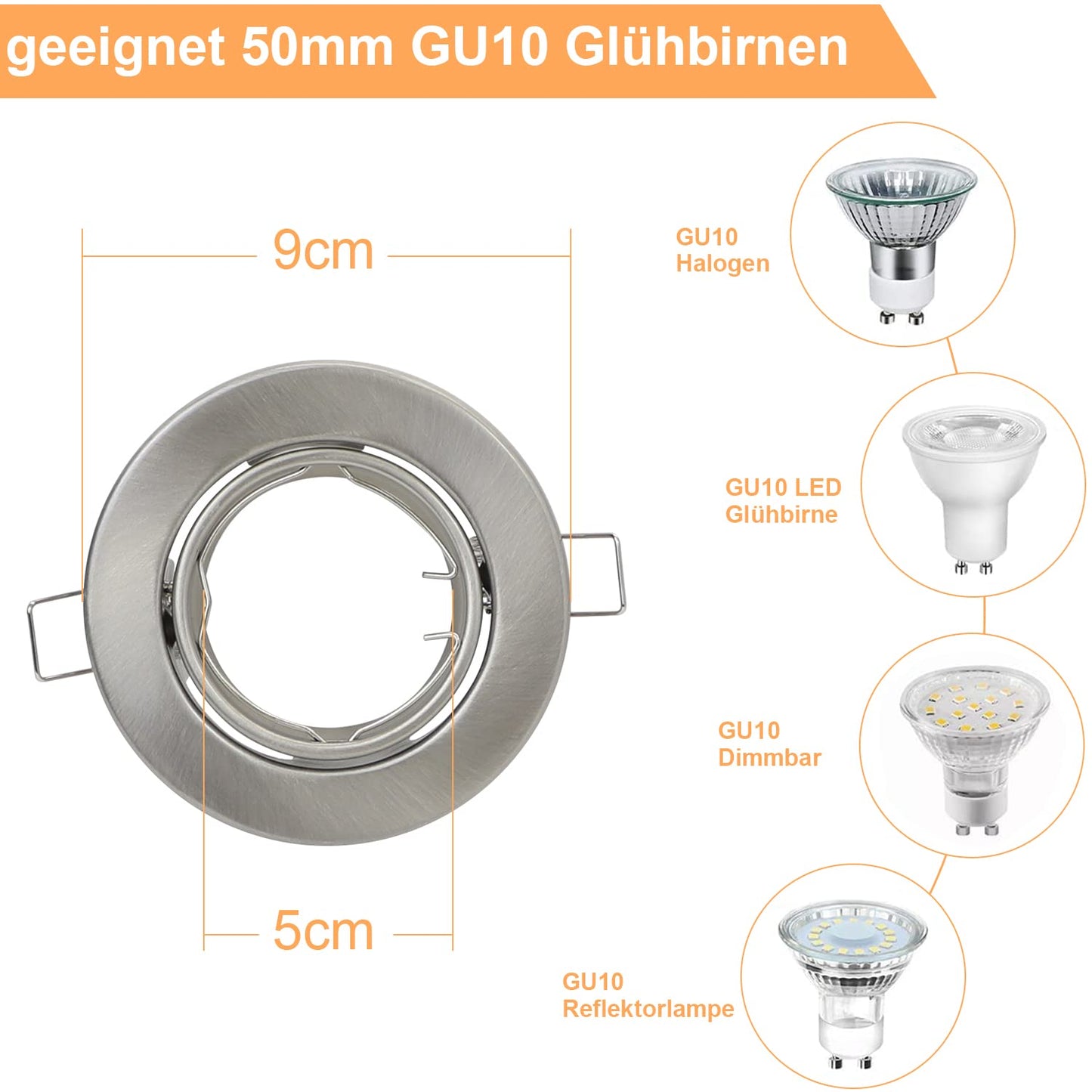 ZMH 12ER Einbaustrahler GU10 Set Einbaurahmen - GU10 Fassungen 230V Lochdurchmesser 50mm mit Sockel in Edelstahl Einbauleuchte Rahmen Einbauspots Schwenkbar 30° Spot für LED Leuchtmittel Halogen