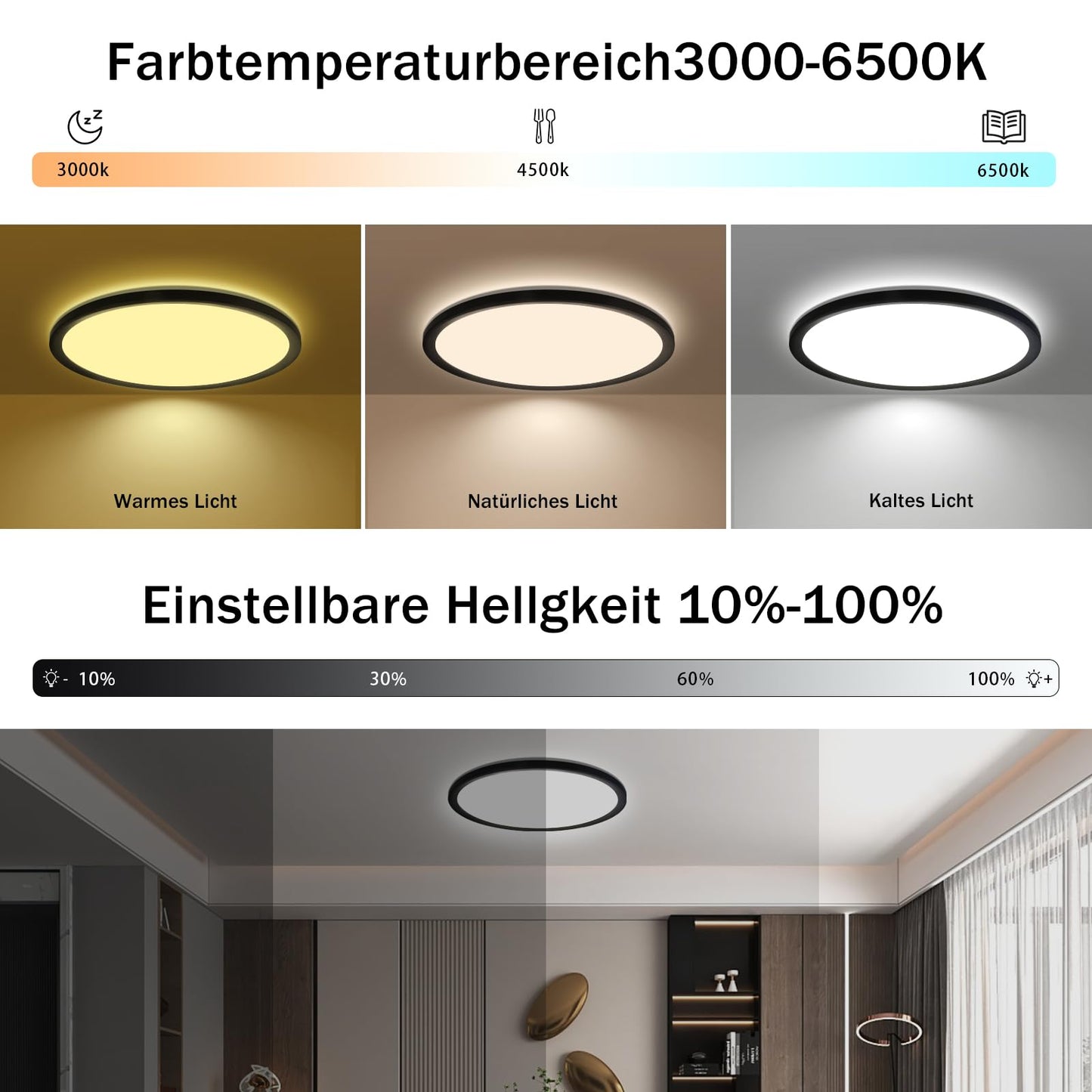 ZMH LED Deckenleuchte Flach Farbwechsel - 28W RGB Dimmbar Deckenlampe Fernbedienung Schwarz Rund Hintergrundbeleuchtung Ø30CM für Schlafzimmer Badezimmer Küche Flur, 3000K-6500K