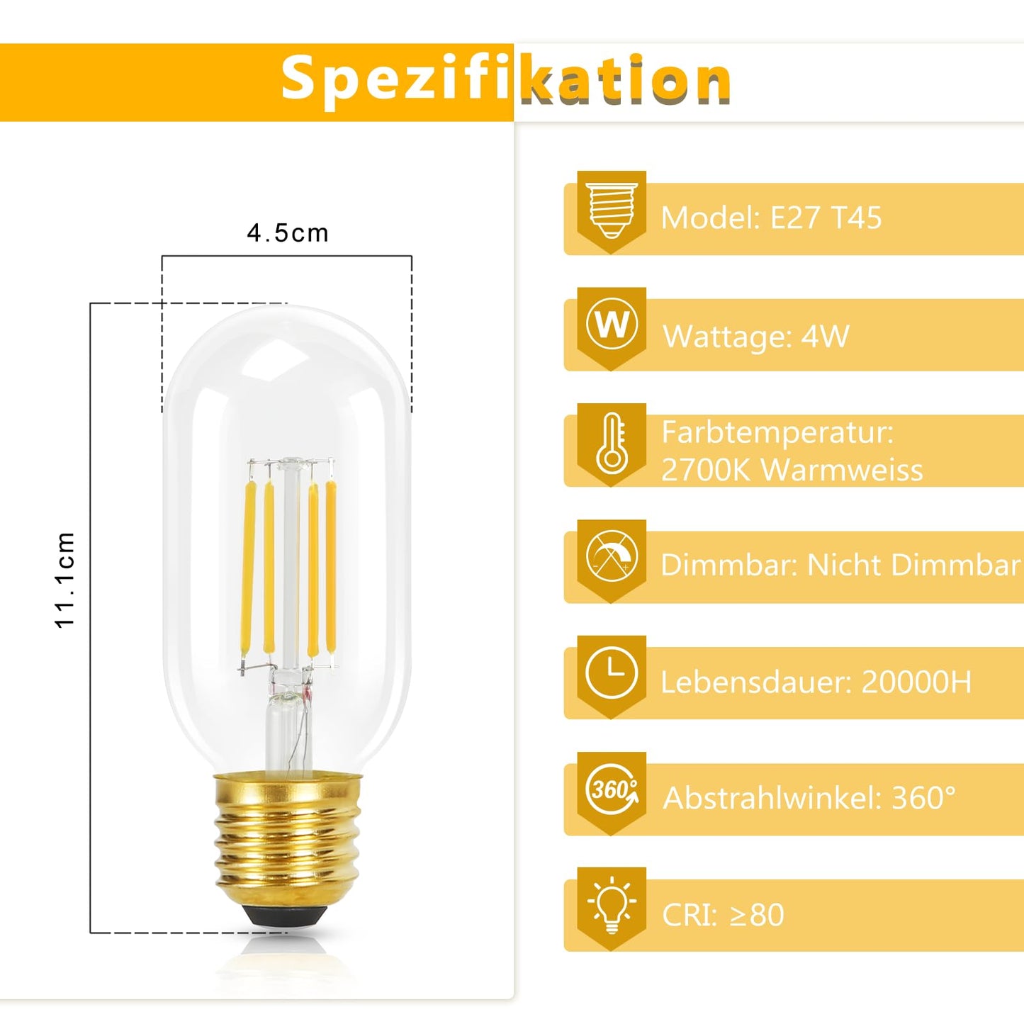 ZMH 4er pack E27 LED Warmweiss Glühbirnen Vintage - T45 LED Leuchtmittel Lampe E27 Birnen 4W 2700K Energiesparlampe Light Bulbs Retro Edison Glühlampen Filament Glas 360° Abstrahlwinkel