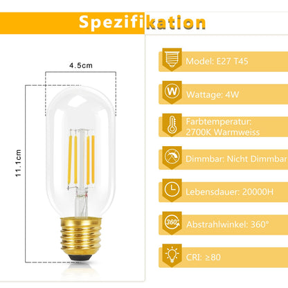 ZMH 4er pack E27 LED Warmweiss Glühbirnen Vintage - T45 LED Leuchtmittel Lampe E27 Birnen 4W 2700K Energiesparlampe Light Bulbs Retro Edison Glühlampen Filament Glas 360° Abstrahlwinkel