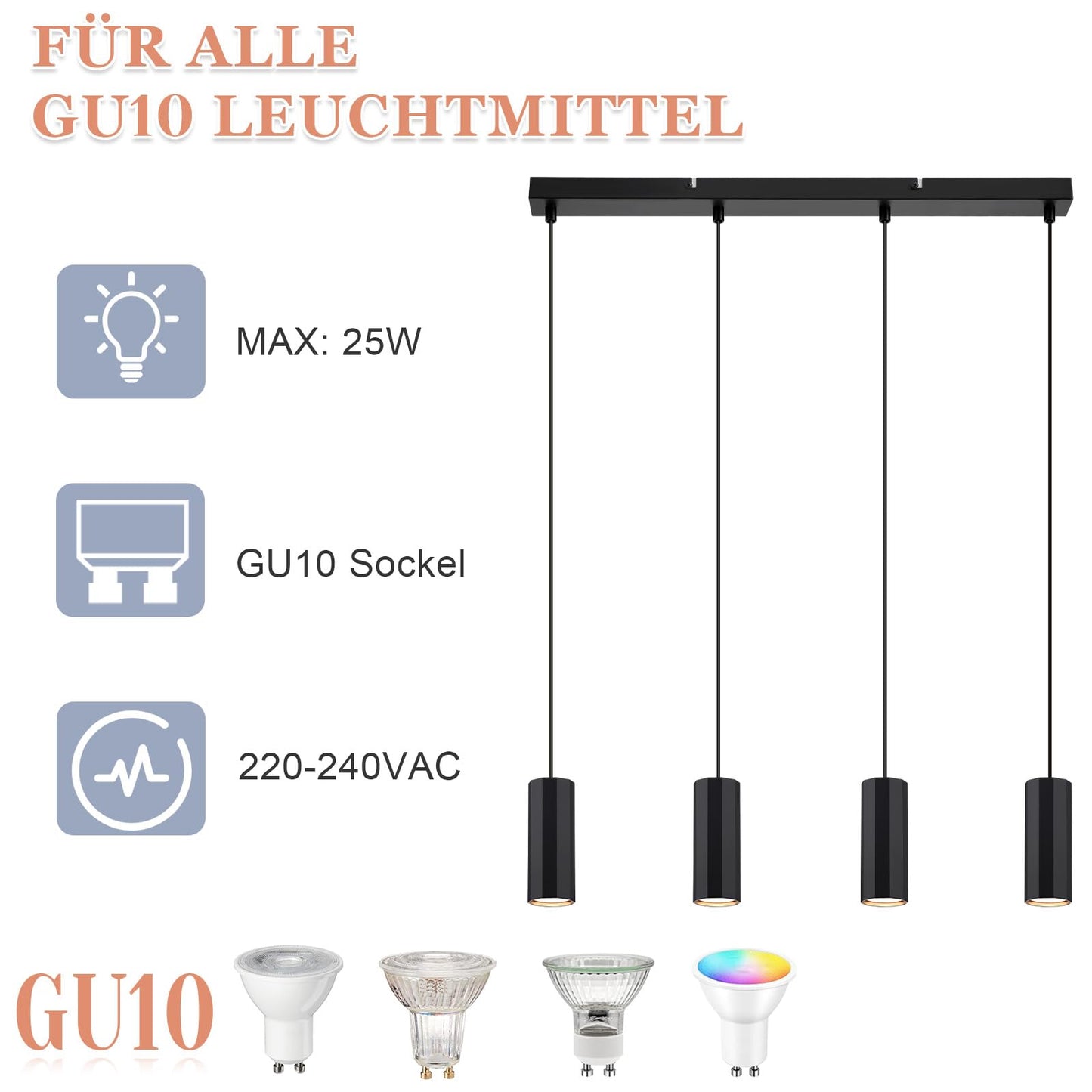 ZMH Hängelampe Esstisch Schwarz 4 Flammig - Pendelleuchte GU10 Wohnzimmer Industrial Esszimmerlampe Hängend Metall Modern Hängeleuchte für Innen Küche Schlafzimmer