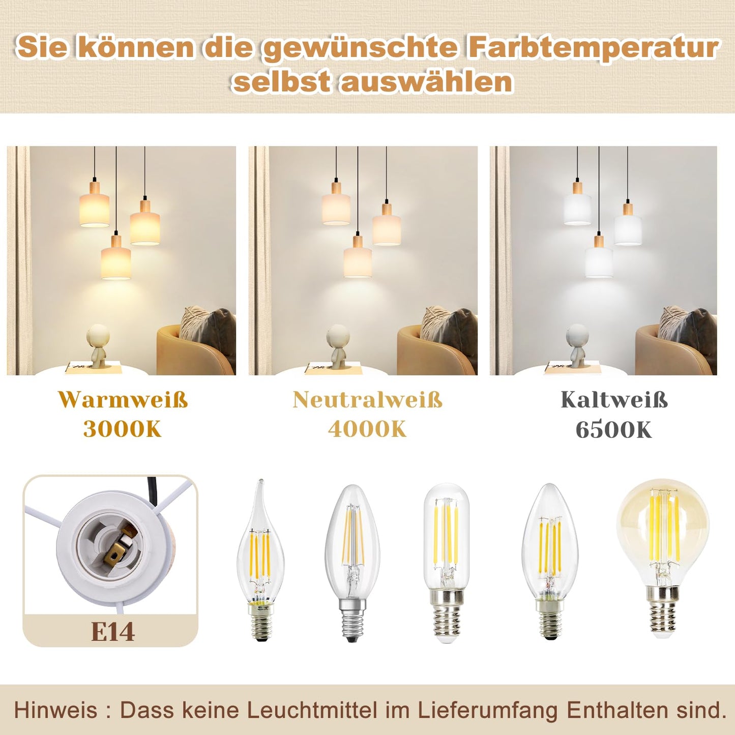 ZMH Pendelleuchte Holz Esstischlampe Vintage - Hängelampe Esstisch E14 Hängeleuchte Weiß Pendellampe 3 Flammig Rund Esstischlampe für Esszimmer Restaurant Küche Schlafzimmer Arbeitszimmer