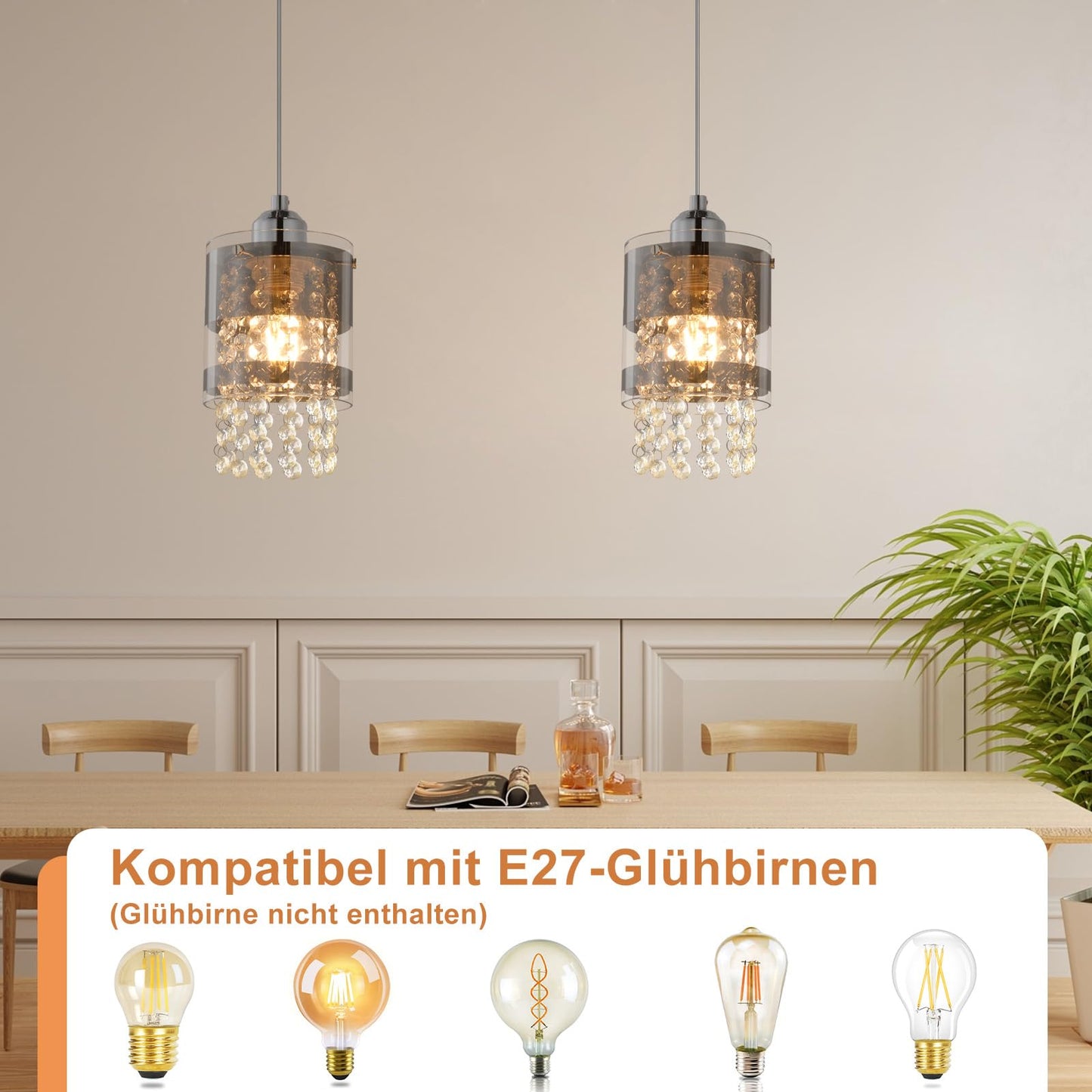 ZMH Pendelleuchte Modern Esstisch Hängelampe: 1 Flammig E27 Glas Hängeleuchte 150CM Max Höhenverstellbar Design Kristall Pendellampe für Wohnzimmer Schlafzimmer Küche Esszimmer Ohne Leuchtmittel