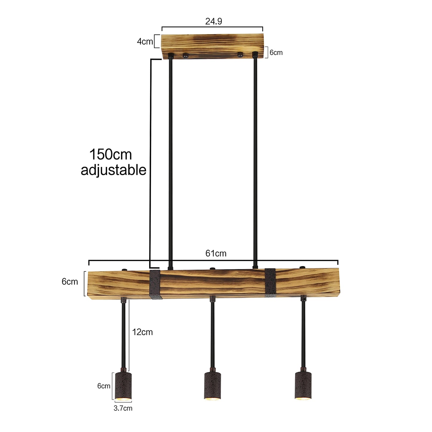 ZMH Pendelleuchte Esstisch aus Holz Vintage Hängelampe Retro Esszimmerlampe in 61CM Holzbalken - 3 x E27 max. 25W - Höhenverstellbar Industrial Pendellampe für Restaurant Bar Esszimmer Wohnzimmer