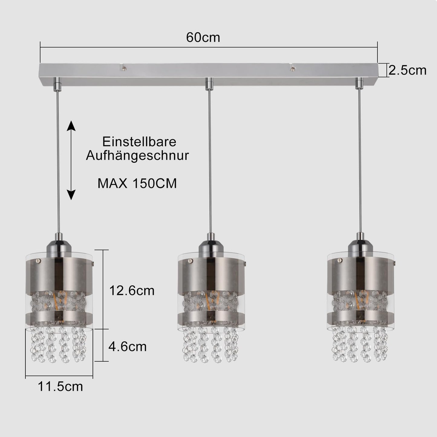 ZMH Pendelleuchte Modern Esstisch Hängelampe: 3 Flammig E27 Glas Hängeleuchte 150CM Max Höhenverstellbar Design Kristall Pendellampe für Wohnzimmer Schlafzimmer Küche Esszimmer Ohne Leuchtmittel