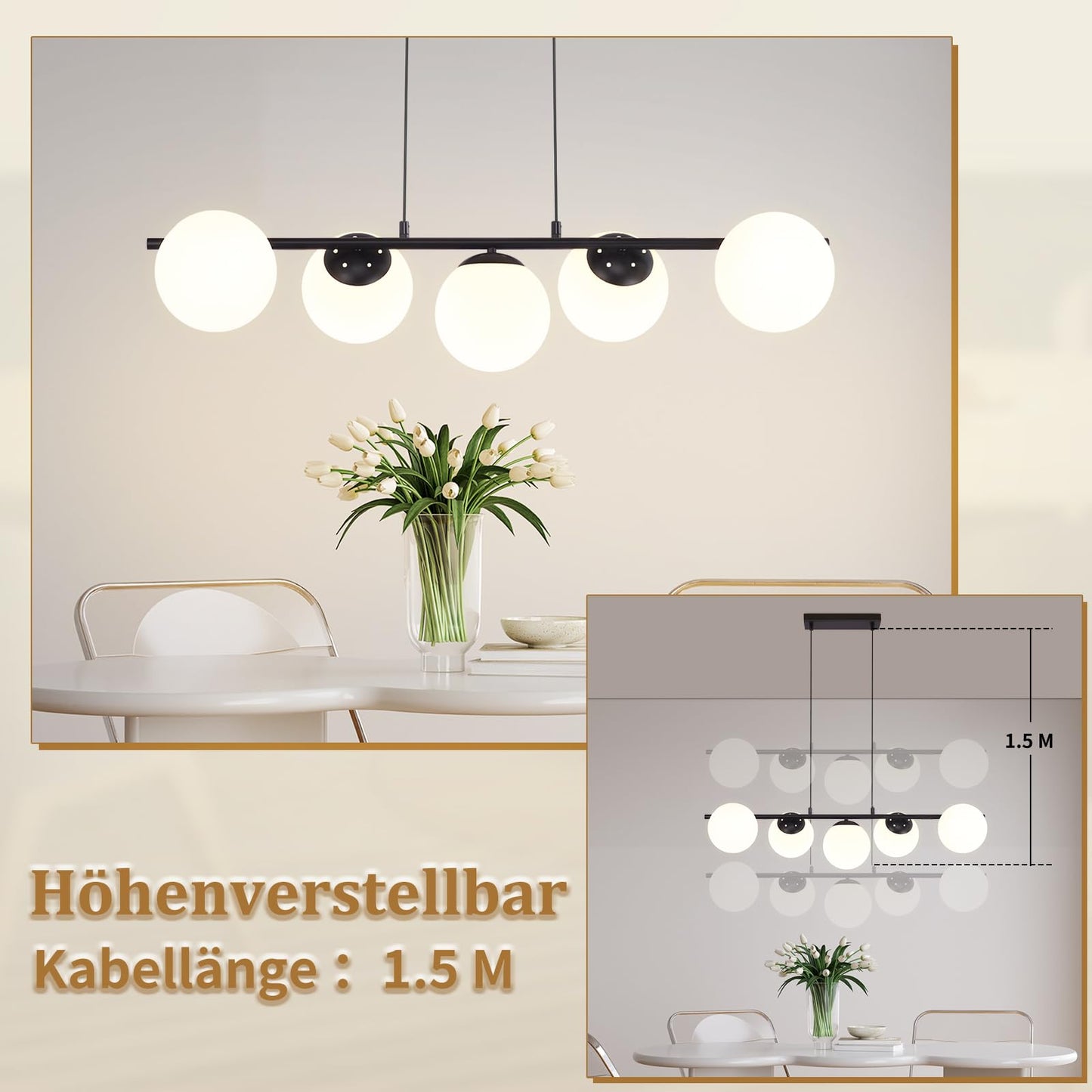 ZMH Pendelleuchte Esstisch Hängeleuchte Schwarz - E27 Glas Hängelampe 5-Flammig Esszimmerlampe Modern 150CM Höhenverstellbar Esstischlampe für Esszimmer Wohnzimmer Bartheke I ohne Leuchtmittel